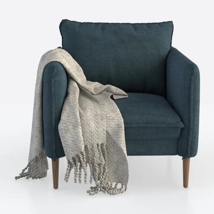 Modern Dark Teal Fabric Armchair with Knit Throw Blanket 3D Model