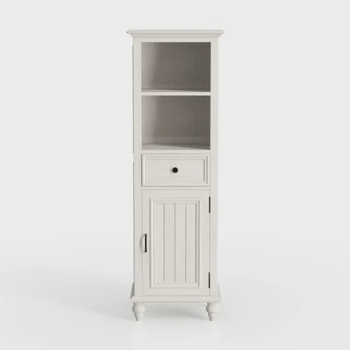 Vintage White Solid Wood Tall Storage Cabinet With Drawer Open Shelves 3D Model