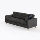 Minimalist Dark Fabric Tufted 3 Seat Sofa With Throw Pillows 3D Model Left 45 Degree View