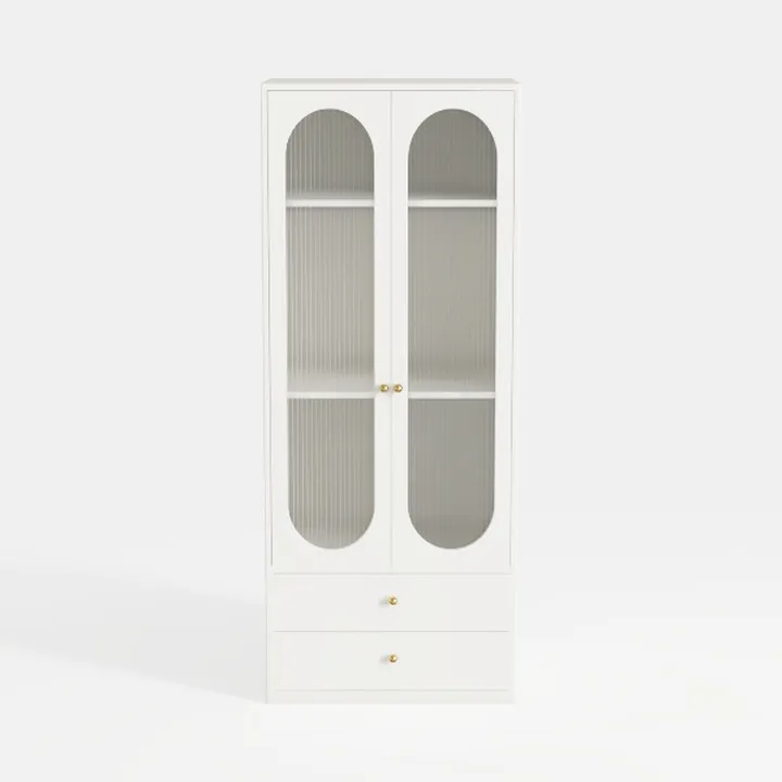 Minimalist White Solid Wood Glass Display Cabinet with Gold Hardware 3D Model