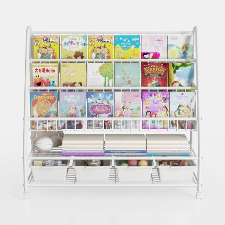 Metal Kids Bookshelf White Book Storage 4 Tier
