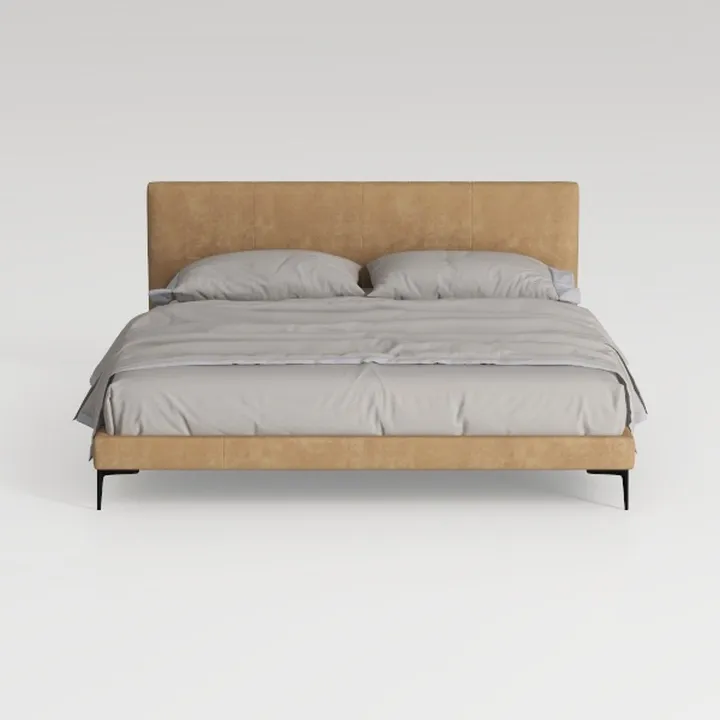 Modern Minimalist Tan Velvet Upholstered Platform Bed 3D Model