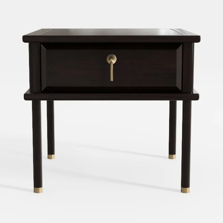 Modern Dark Solid Wood Brass Accent Single Drawer Nightstand 3D Model