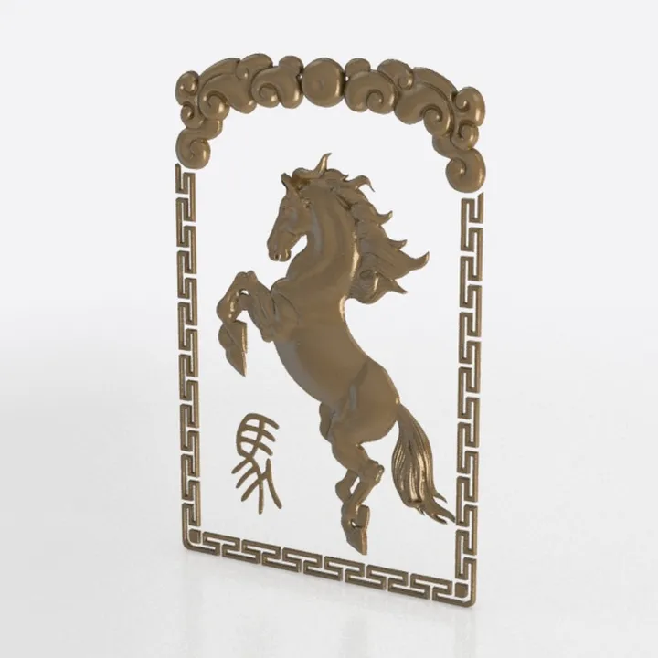 Brass Oriental Horse Carved Wall Art Decor 3D Model
