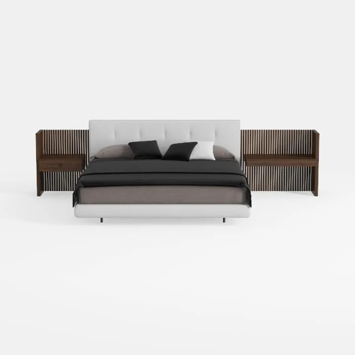 Modern Minimalist Fabric Walnut Wood King Bed With Matching Side Shelves 3D Model