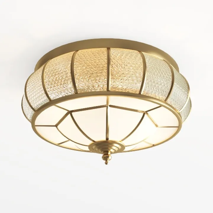 Vintage Brass Glass Flush Mount Ceiling Lamp 3D Model