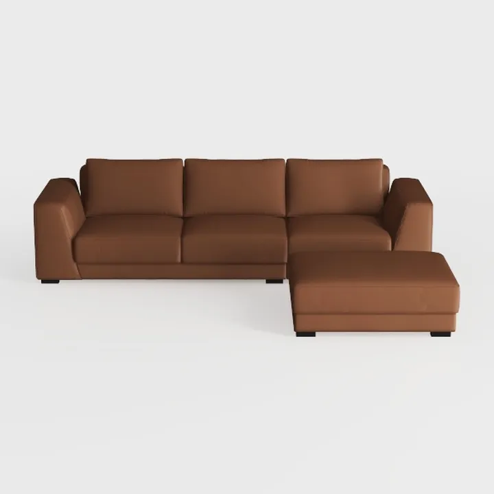 Minimalist Brown Leather L-shaped Sectional Sofa with Ottoman 3D Model