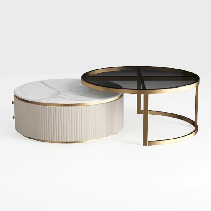 Modern Gold Trim Marble Glass Fabric Nesting Round Coffee Table 3D Model