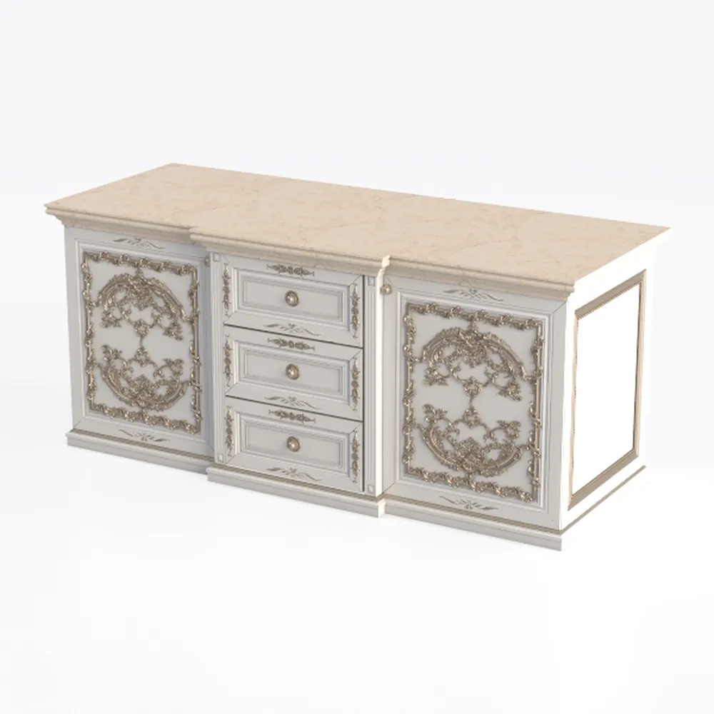 Wide Accent Cabinet with 4 Carved Doors & 2 Drawer