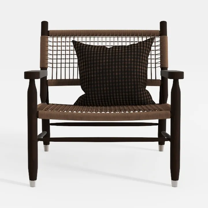 Minimalist Solid Wood Rattan Accent Armchair with Throw Pillow 3D Model