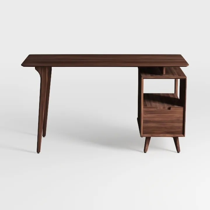 Mid-Century Walnut Solid Wood Home Office Desk with Storage Shelf 3D Model