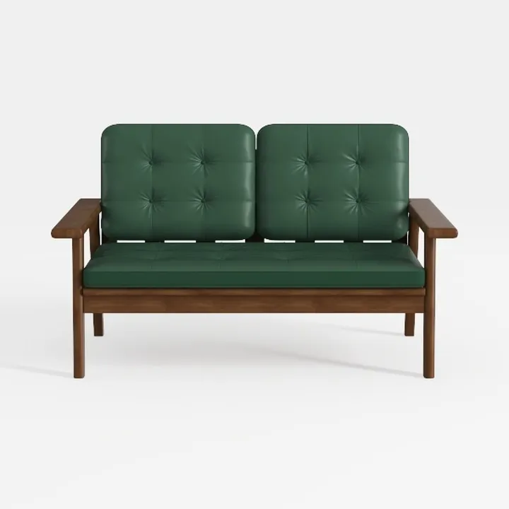 Mid Century Modern Dark Green Leather Solid Wood Loveseat 3D Model