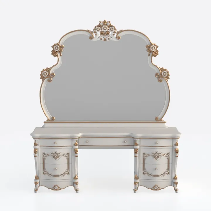 French Vintage White Gold Ornate Vanity Table with Mirror 3D Model