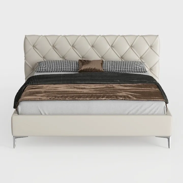 Modern Tufted Leather Upholstered King Bed With Metal Legs 3D Model