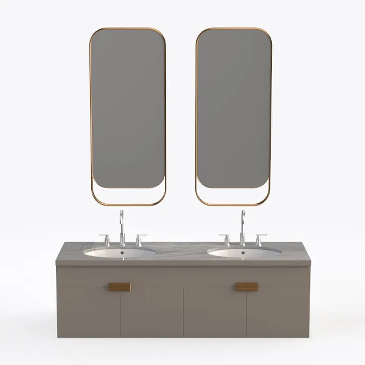 Modern Marble Top Solid Wood Double Bathroom Vanity with Gold Framed Mirrors 3D Model