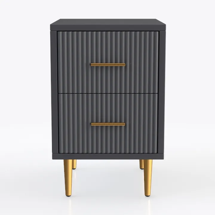 Modern Fluted Dark Gray Gold Accent 2 Drawer Nightstand 3D Model