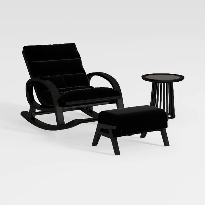 Modern Black Velvet Wood Rocking Chair Ottoman Side Table 3D Model