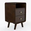 Mid-Century Solid Wood Nightstand with Two Drawers Open Top Shelf 3D Model Right 45 Degree View