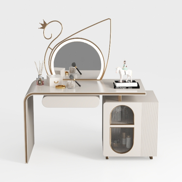 2-Piece Beige Velvet Upholstered Makeup Vanity Set