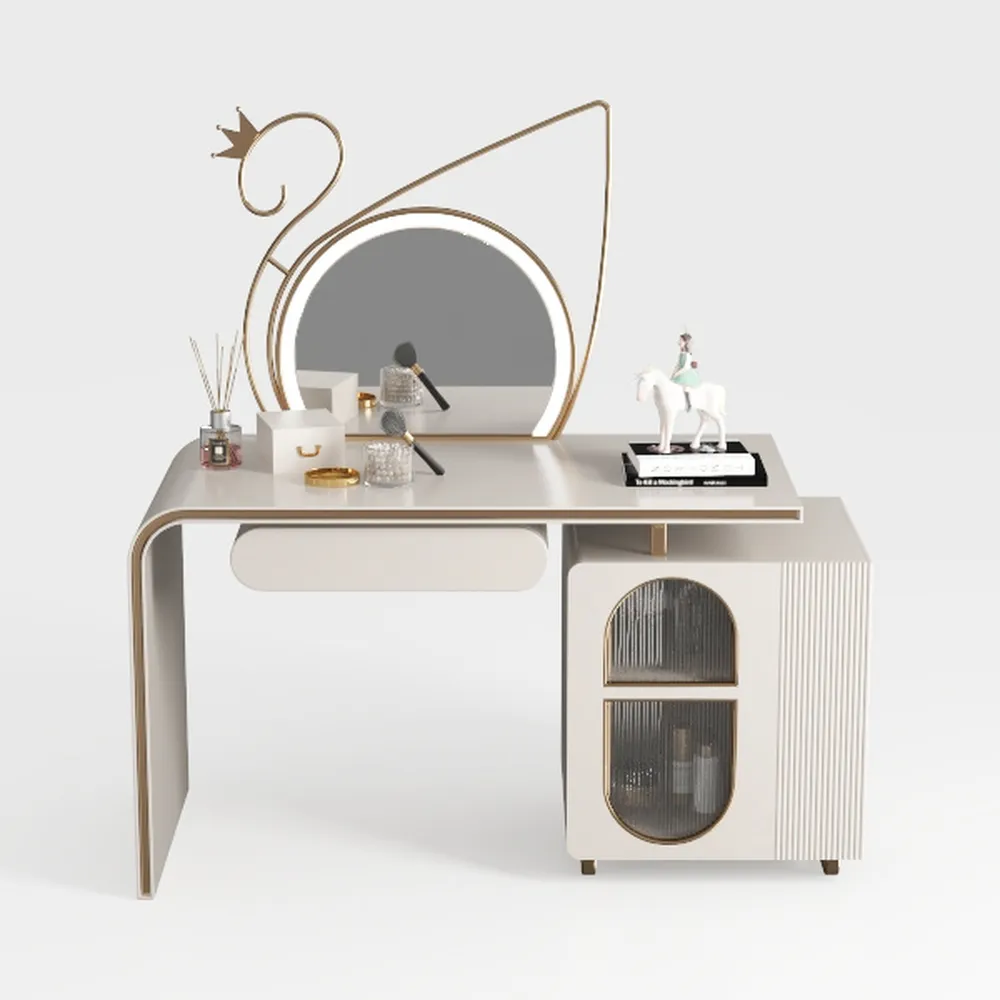 2-Piece Beige Velvet Upholstered Makeup Vanity Set