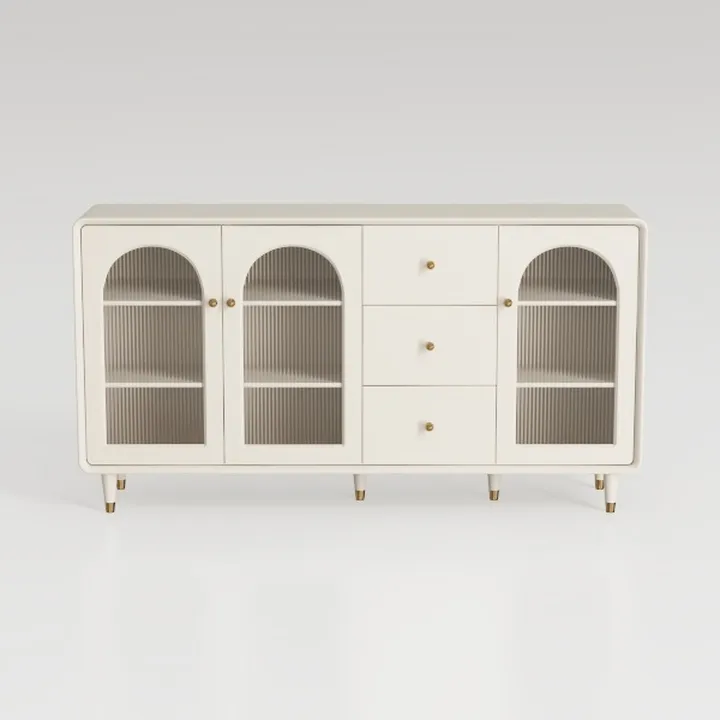 Minimalist Solid Wood Fluted Glass Sideboard with Brass Hardware 3D Model