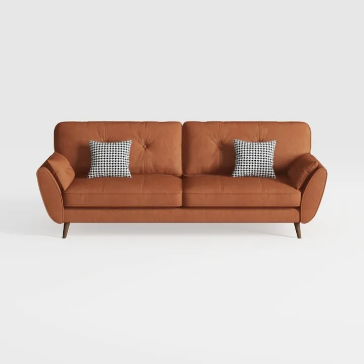 Modern Brown Fabric Tufted 3 Seater Sofa With Checkered Pillows 3D Model