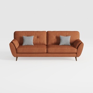 Modern Brown Fabric Tufted 3 Seater Sofa With Checkered Pillows 3D Model