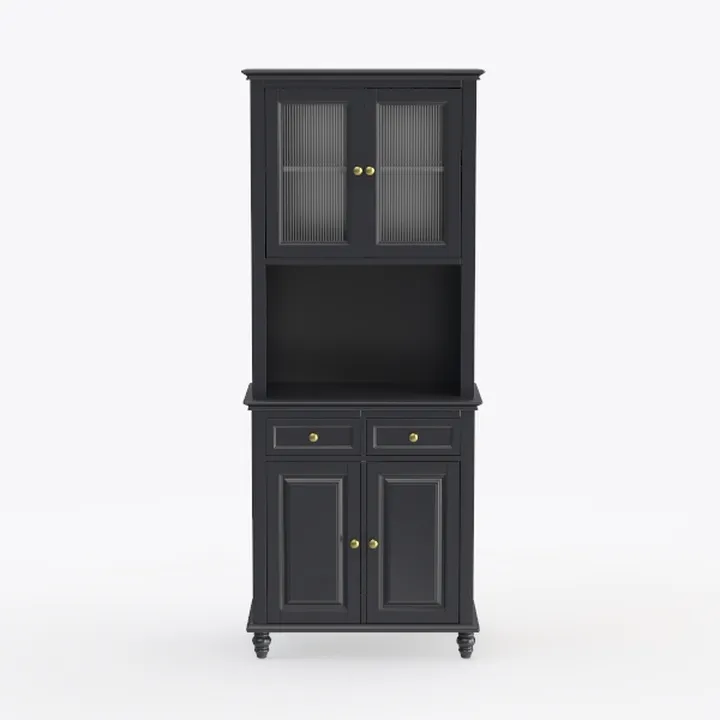 Vintage Black Solid Wood Glass Door Storage Cabinet 3D Model