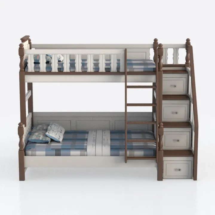 Modern Solid Wood Storage Bunk Bed with Staircase 3D Model