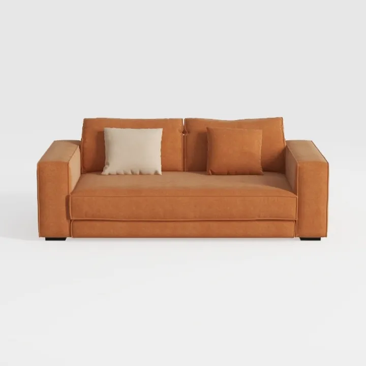 Minimalist Brown Fabric Wide Sofa With Throw Pillows 3D Model