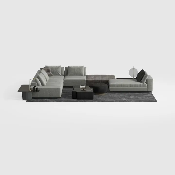 Modern Minimalist Gray Fabric Sectional Sofa Set with Side Tables 3D Model