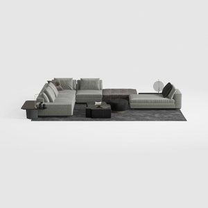 Modern Minimalist Gray Fabric Sectional Sofa Set with Side Tables 3D Model