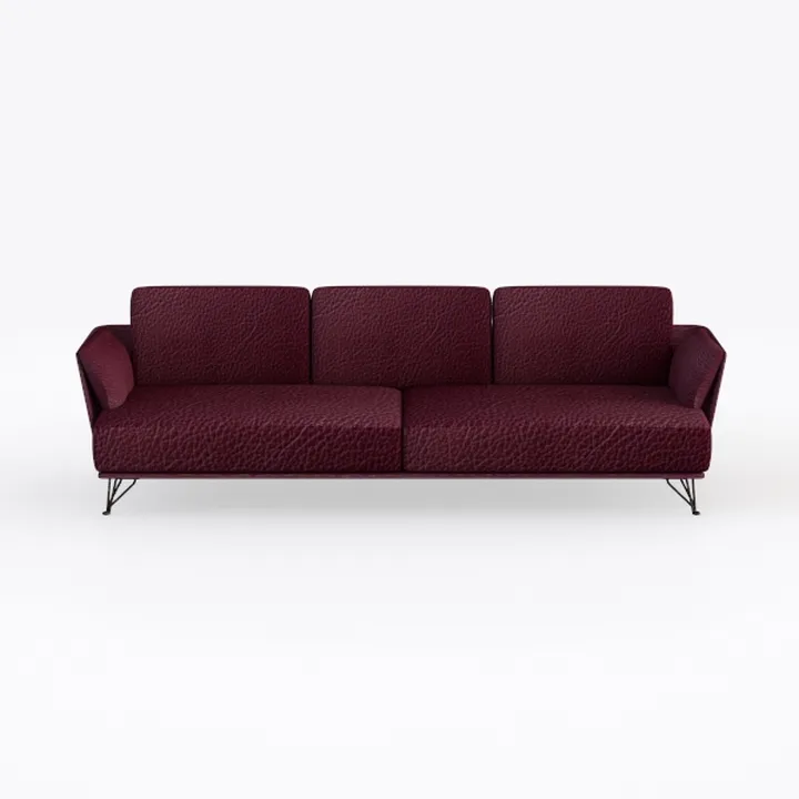 Modern Burgundy Leather Metal Leg Three Seat Sofa 3D Model
