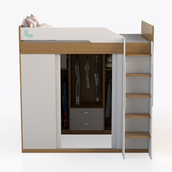 Wood Loft Bed Full Size with Build-in Wardrobes Ca
