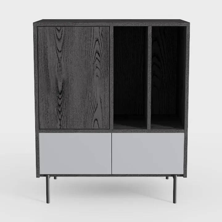 Modern Black Oak Metal Accent Cabinet With Open Shelves Drawers 3D Model