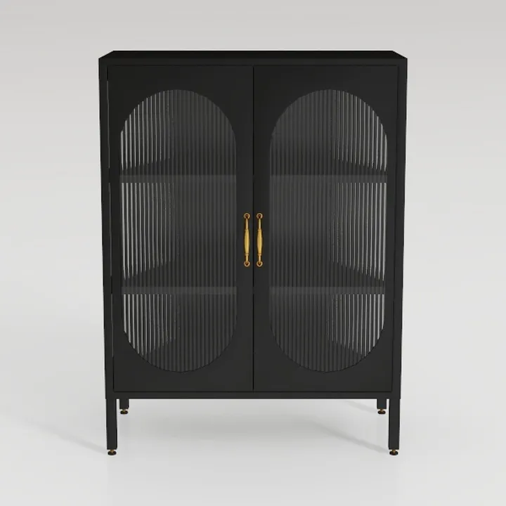 Modern Black Metal Fluted Glass Double Door Cabinet 3D Model