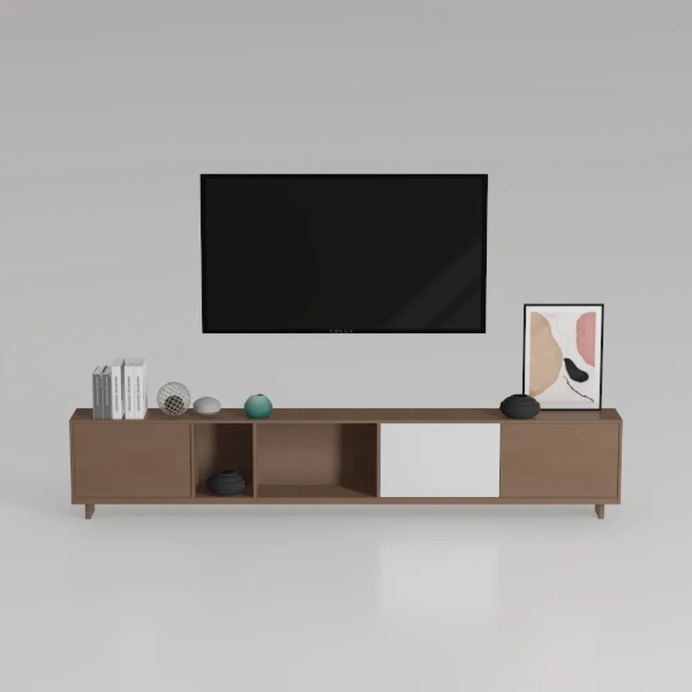 Modern TV Stand with 3 Cabinets & Open Shelves