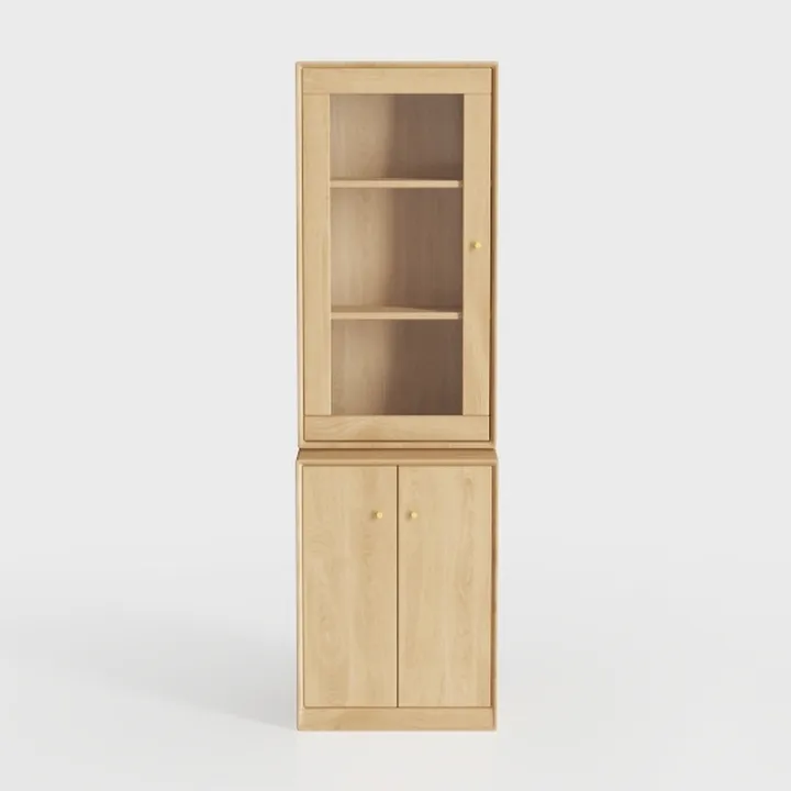 Minimalist Solid Oak Tall Display Cabinet With Glass And Wooden Doors 3D Model
