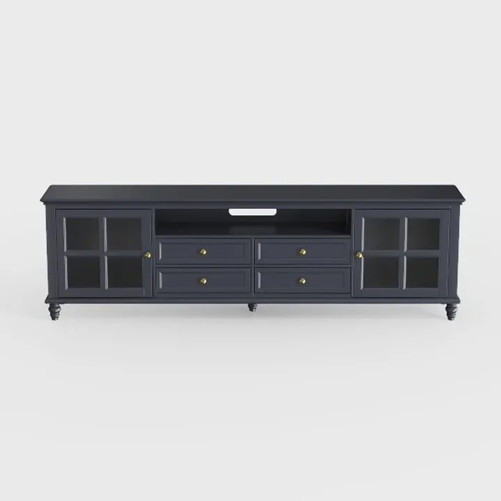 Traditional Black Solid Wood TV Stand With Glass Doors And Gold Hardware 3D Model