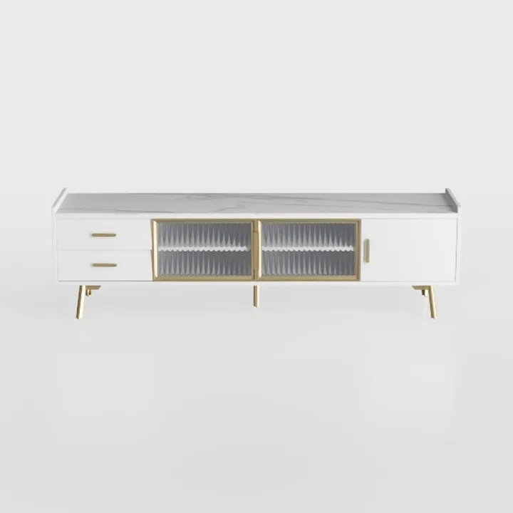 Modern Marble Top Gold Accent White TV Stand Cabinet 3D Model