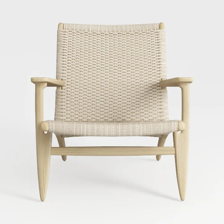 Minimalist Solid Oak Woven Rattan Armchair 3D Model