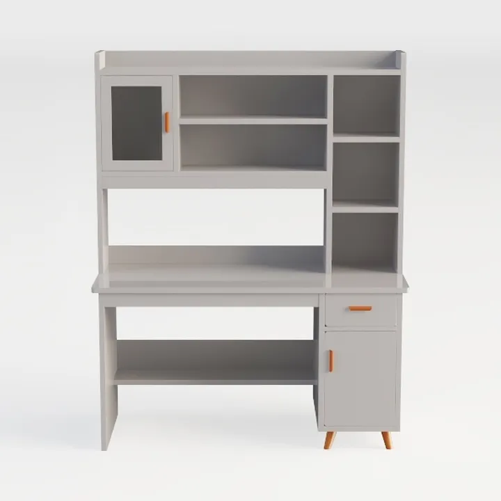 Minimalist Light Gray Wood Multi functional Home Office Desk with Storage Shelves 3D Model
