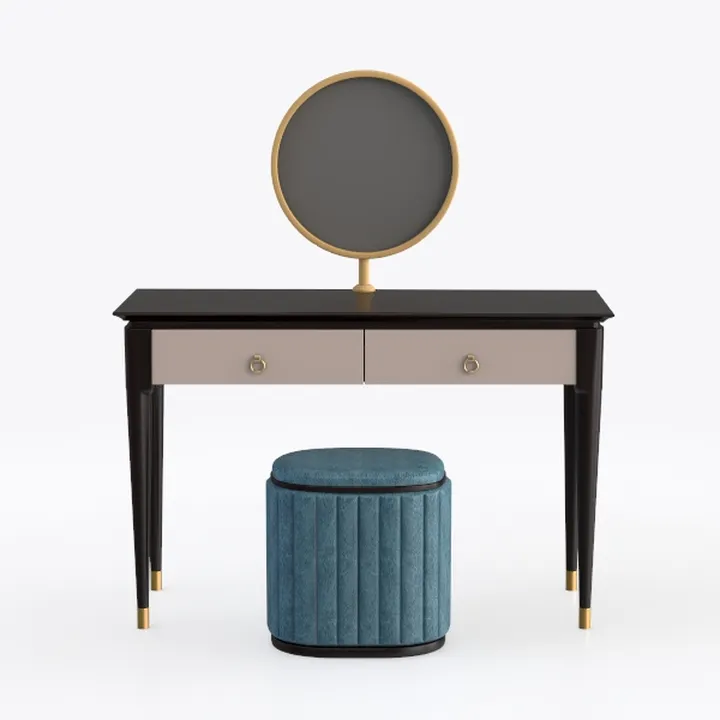 Modern Velvet Solid Wood Vanity Table with Round Mirror and Ottoman 3D Model