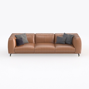 Modern Minimalist Brown Leather Three Seat Sofa With Throw Pillows 3D Model