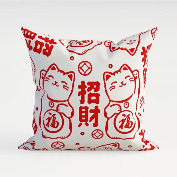 Lucky Cat Print Fabric Throw Pillow Chinese Style Decor 3D Model