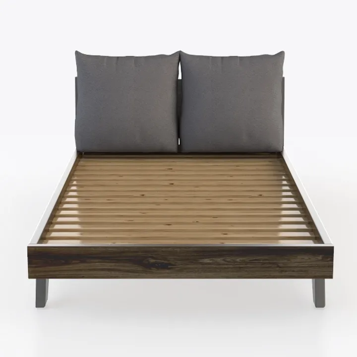 Minimalist Solid Wood Platform Bed with Gray Linen Cushions 3D Model