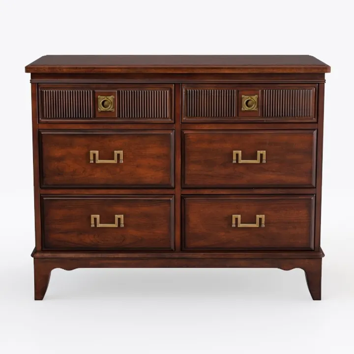 Vintage Walnut Solid Wood 6 Drawer Dresser with Brass Hardware 3D Model