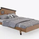 Cartoon Solid Wood Kids Bed with House Shape Headboard 3D Model Right 45 Degree View