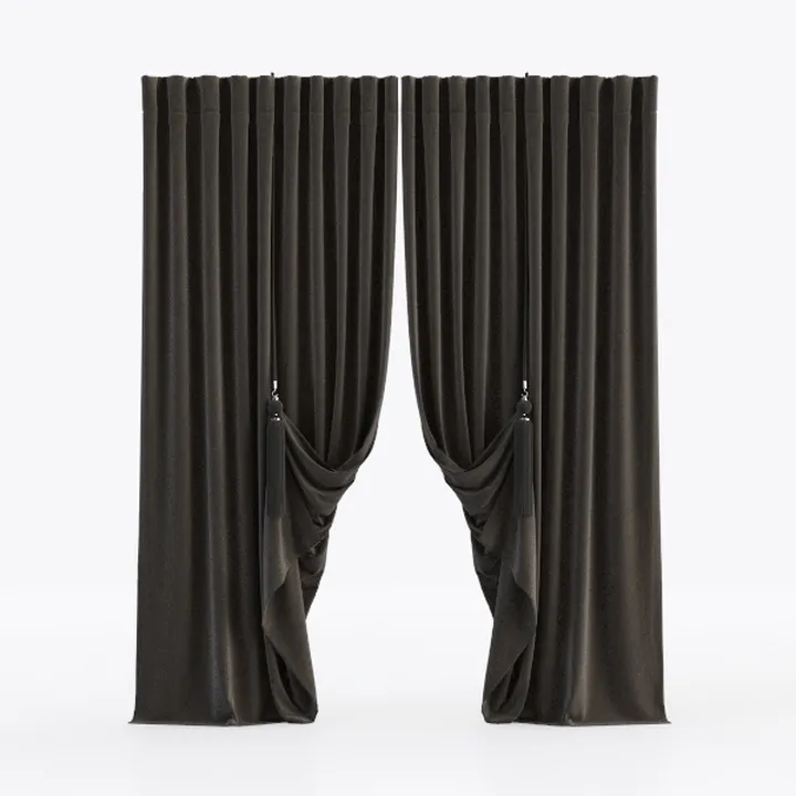 Minimalist Dark Fabric Window Curtains with Tassel Details 3D Model