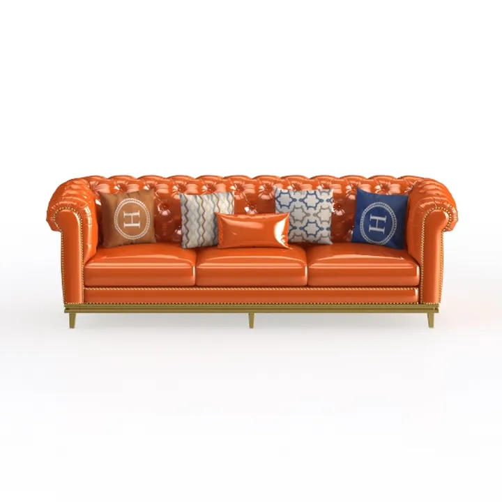 Luxury Orange Leather Chesterfield Sofa With Decorative Throw Pillows 3D Model